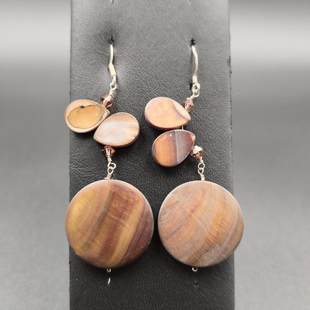 Sterling Silver Brown Shell Handmade Dangle Earrings A6232
